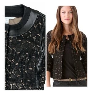 Diane Von Furstenberg Maya Pebble Lace and Leather Black Button and Zip Blazer